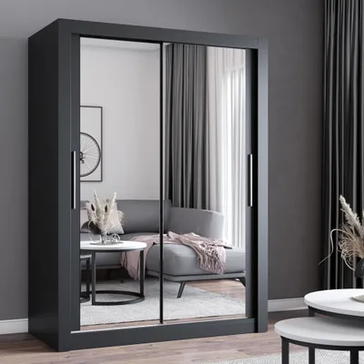 Produktbild von Schwebetürenschrank Kleiderschrank Schrank 150cm Schwarz/Schwarz mit zwei Spiegeln MILAN