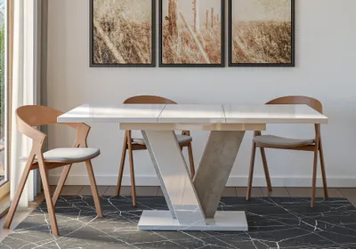 Produktbild von Esstisch VINEY, Stilvoll Ausziehbar Esszimmertisch, Design Tisch, Esszimmer (Weiss Hochglanz + Beton)