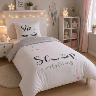 Produktbild von Sweet Dreams Bettwäsche Sleep mit Wimpern & Sterne, 2-teilig, 135x200 80x80 cm, Renforcé aus 100% Baumwolle mit Reißverschluss