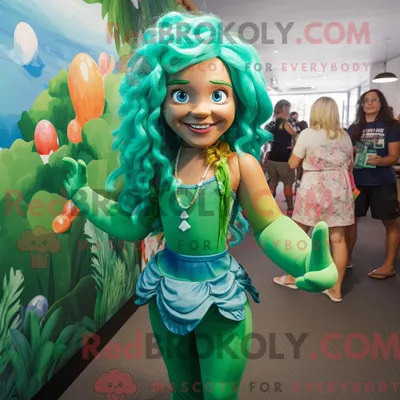 Productafbeelding van Groene REDBROKOLY zeemeermin mascottekostuum gekleed met een jumpsuit en haarclips