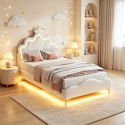 Produktbild von INONEFT Polsterbett 90x190cm mit Lattenrost, Kinderbett mit Kronenförmigem Kopfteil, Jugendbett Einzelbett mit Led, Prinzessinnenbett Holzbett,PU,Weiß