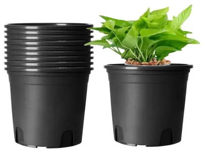 Image de 10 pots en plastique ronds, diamètre 19,5 cm, hauteur 14 cm, couleur noire. Respirants, pour intérieur et extérieur