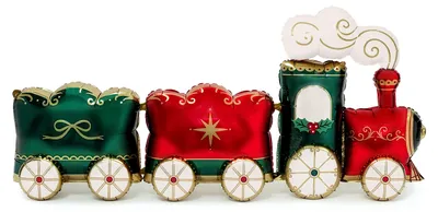 Großer Folienballon in Form eines Weihnachtszuges in Grün und Rot mit Lokomotive und Waggons als festliche Ballondekoration für Weihnachten.