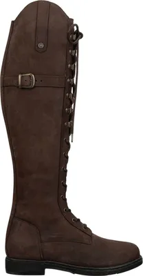 A side view of a brown leather riding boot.