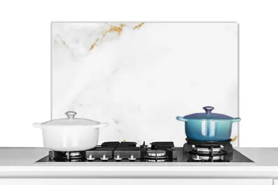 Produktbild von KitchenYeah®  Spritzschutz Küche - Küchenrückwand - Wandschutz für Herd und Spüle - Marmor - Gold - Weiß - Luxus 90x60 - Alu-Dibond (Alternative zum Spritzschutz aus Glas) - Hitzebeständig - Herdsprit