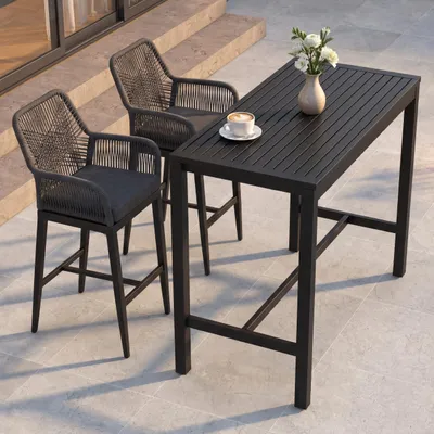 Produktbild von Set Bartisch + 2x Barhocker HWC-P91, Barstuhl Stehtisch, Outdoor Sitzpolster Seilgeflecht Metall anthrazit