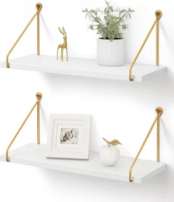 Image de Étagères murales flottantes - Design contemporain - Lot de 2 - Or et Blanc métalliques - Bois massif et métal