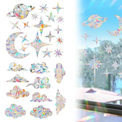 Anti-Kollisions-Aufkleber für Glas, 28 Stück, Regenbogen, Sterne und Wolken