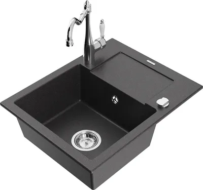 Produktbild von Mexen Enzo 1 Becken-Granitspüle mit Abtropffläche und Mischbatterie Carla, Schwarz gesprenkelt - 6506-76-670700-00