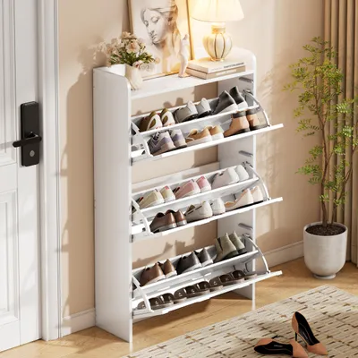 Produktbild von MODFU Schuhkommode Schuhschrank Klapptüren Platzsparend Schublade Ordnung Im Flur MDF Weiß 70 x 25 x 120 cm