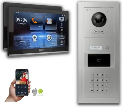 Produktbild von Goliath IP Video Türsprechanlage mit Kamera 10-Zoll Zahlencode RFID Silber : 2 Monitore : 10 Zoll Schwarz : Unterputzdose Monitor Anzahl: 2 Monitore Monitor Farbe: 10 Zoll Schwarz Montage: Unterputzdose
