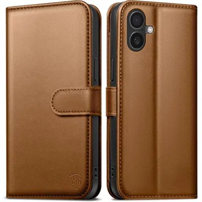 Image de Étui de protection pour iPhone 16 Plus, type portefeuille en cuir marron, avec 6 emplacements pour cartes et bloqueur RFID