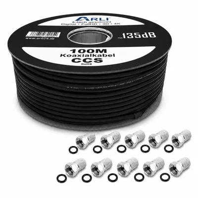 Produktbild von 100m ARLI Koaxialkabel Schwarz – max. 135 dB 5-fach geschirmt + 10x F-Stecker mit breiter Mutter und Dichtring DVB-S2 DVB-C2 DVB-T2 4K HD TV