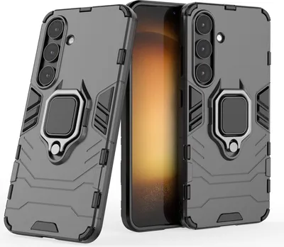 Two phone cases with a ring holder are displayed diagonally, with a smartphone partially visible between them.