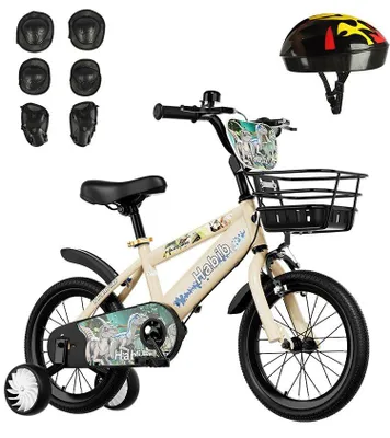 Produktbild von Habib Dino Kinderfahrrad 12 14 16 Zoll | Jungen Stützräder Helm Schutzset Pumpe: Beige / 14 zoll