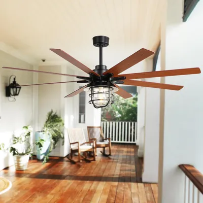 Produktbild von Sofucor Deckenventilator, 165 cm, schwarz, 8 Flügel, E26-Fassung, Fernbedienung, für Wohn- und Esszimmer, Schwarz
