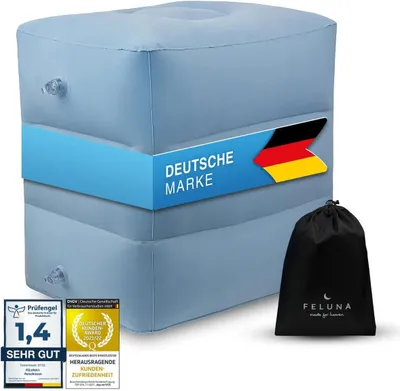 Produktbild von Feluna Aufblasbares Fußstützkissen für Flugzeug & Auto - Hellblaues Reisekissen aus Premium Nylon, Beinhochleger für Kinder & Erwachsene