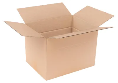 An empty, open cardboard box is shown against a white background.