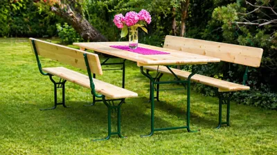Productafbeelding van Biertafelset BAVORD LUX 220x70 cm – massief vurenhout 30 mm, rond buisframe Ø30 mm, 80 kg – tafel + 2 banken met rugleuning