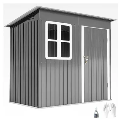 Produktbild von Gartenhaus 2,55 m² mit Pultdach, 221 x 133 x 190/173 cm, Geräteschuppen mit abschließbarer Tür, Fenster, Fahrradgarage, Gartenschrank aus Stahl, für Hinterhof und Garten, Dunkelgrau