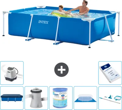 Produktbild von Intex-Schwimmbecken mit rechteckigem Rahmen – 260 x 160 x 65 cm – Blau – im Lieferumfang enthalten Abdeckung - Filterpumpe für Schwimmbad - Filter - Bodenplane - Reinigungskit - Salzwassersystem