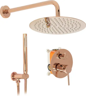 A rose gold shower set including a showerhead, handheld shower, and a concealed shower valve.