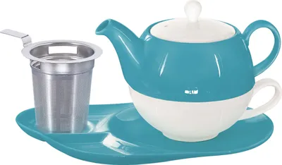 Produktbild von Buchensee Tea for one Set / Teeset Lena, Teekanne 500ml mit Sieb, Teetasse und Ablageteller, türkis, Crystal Bone China Porzellan