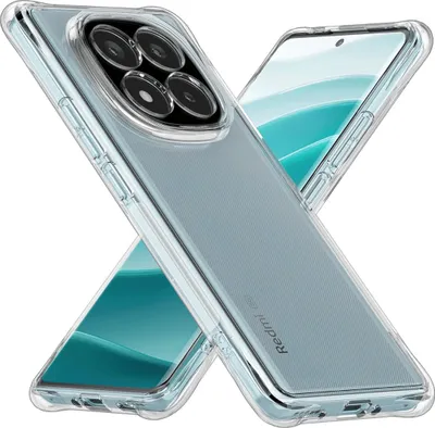 Two transparent phone cases are shown diagonally, with one partially obscuring the other. The cases are designed for a Xiaomi Redmi Note 14 Pro Plus 5G.
