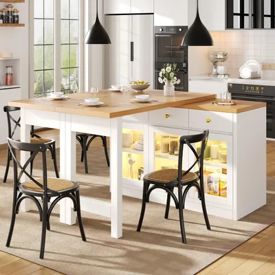 Produktbild von Flieks Ausziehbarer Kücheninsel mit LED-Beleuchtung, Esstisch mit 3 Schubladen & Glastüren, App-Steuerung, Bartisch 120-200x40x75.5cm, Weiß