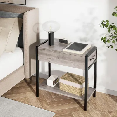 Produktbild von Beistelltisch mit Schublade und Ablage, schmaler Nachttisch Couchtisch, Vintage Grau