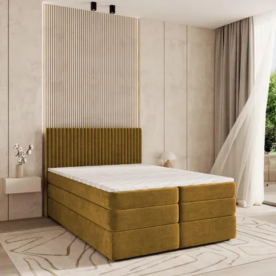 Produktbild von Masseno Boxspringbett FELBIO 180x200 cm Komplett-Set mit Bonell Matratze und Topper, Polsterbett mit Bettkästen -Gelb, KRONOS 01