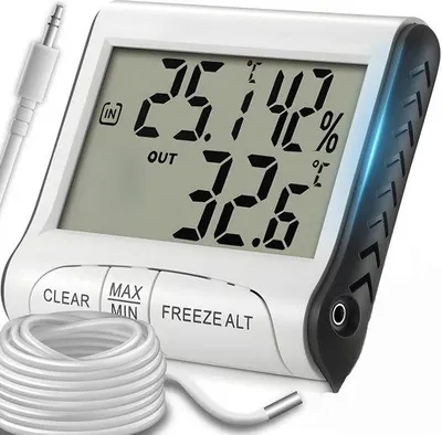 Obrázok produktu pre Digitálny teplomer a vlhkomer s vonkajším senzorom, vnútorným teplomerom a vlhkomerom.