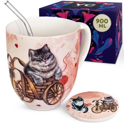 Produktbild von YC Yang Chai Jumbotasse 900ml - Teetasse aus Knochen Porzellan, XXL Jumbo Tasse Geschenkset mit Untersetzer - Kaffeetasse, Jumbobecher - YC CatiCat