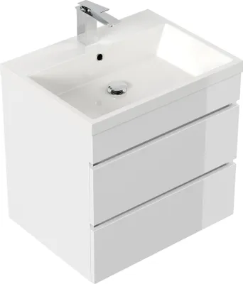 A white bathroom vanity with a sink and faucet.