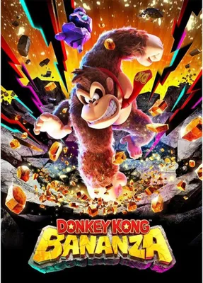 Donkey Kong is shown in a dynamic pose with debris and colorful lightning effects in the background, along with the title 'Donkey Kong Bananza'.