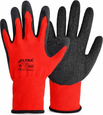 Produktbild von Robuste Arbeitshandschuhe ULTRA mit roter Latexbeschichtung, Größe L – sicherer Griff und hoher Tragekomfort