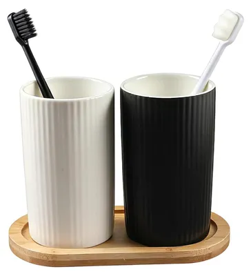 Image de Ensemble de 2 gobelets à brosses à dents en céramique, rayés noir et blanc, diamètre 7 cm, hauteur 12 cm