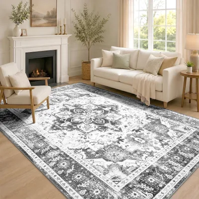 Image de Tapis vintage, lavable et antidérapant - 80 x 150 cm, gris