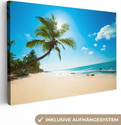 Produktbild von MuchoWow® - Leinwandbilder - Strand - Meer - Sonne - Palme, Wandbild, Wanddeko Bilder Wohnzimmer, 90x60cm