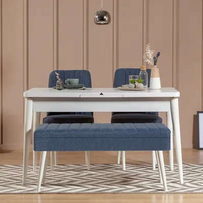 Obrázok produktu pre Skye Decor, Vina 1048 - 3 - biela, tmavomodrá, súprava rozkladacieho jedálenského stola a stoličiek (4 kusy), biela, 100 % MELAMÍNOM POTRIEBENÉ PLECHY, 163 x 80 x 75 cm