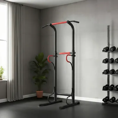 Produktbild von Power Tower höhenverstellbar, Dip Station mit Klimmzugstange, Kraftstation, Stahl, Schwarz+Rot | 98x84x219 cm | 7 Höhen | bis 120 kg