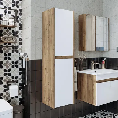 Produktbild von Roomart ATLANTIC-100 Badmöbel Hochschrank 35 cm breit, Weiß-Eiche