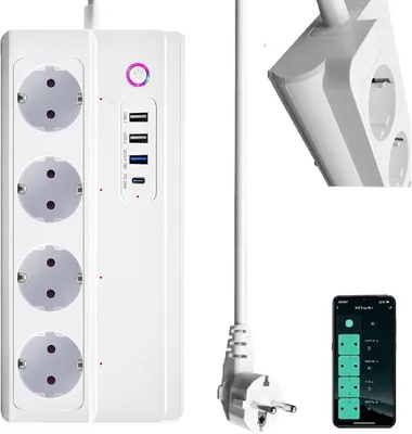 Obrázek produktu pro Chytrá zásuvka s Wi-Fi - 4 zásuvky - 16 A - 3 porty USB-C - Možnost individuálního ovládání - Kompatibilní s Alexa a Google Assistant - Tuya