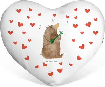 Produktbild von Mr. & Mrs. Panda Dekokissen Bär Lied - Weiß - Geschenk, dekoartikel, Spruch, Teddy, Partnerkissen, Partner, Sofakissen, Kuschelkissen, Herzform, Valentinstag, Herz