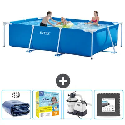 Produktbild von Intex-Schwimmbecken mit rechteckigem Rahmen – 300 x 200 x 75 cm – Blau – im Lieferumfang enthalten Sonnensegel - Wartungspaket - Filterpumpe für Schwimmbad - Bodenfliesen