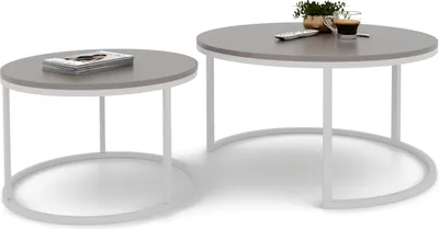 Produktbild von Idohome - Runder Couchtisch 2in1 LAVO mit Metalgestell, 80x48 cm+60x42 cm (Ø x H) Farbe: Weiß / Kaschmir