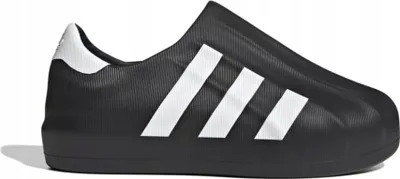 A black Adidas shoe with white stripes on a white background.