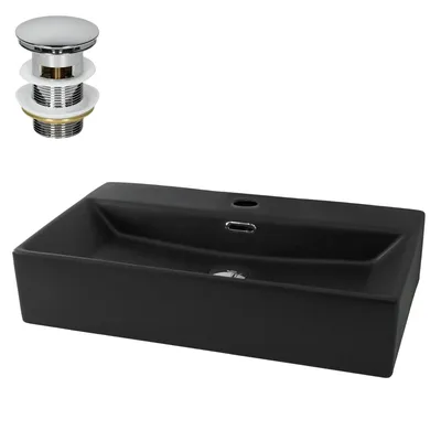 Produktbild von LuxeBath Waschbecken Aufsatzwaschbecken Eckig, 60,5x36,5x13 cm, Schwarz, aus Keramik, inkl. Ablaufgarnitur mit Überlauf