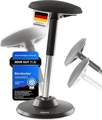 A product image of an ergonomic stool with marketing overlays and certifications.