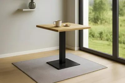 Produktbild von Bistrotisch Baumkante massiv Eichenholz geölt 80 x 80 cm Stempelfuß schwarz IRIS